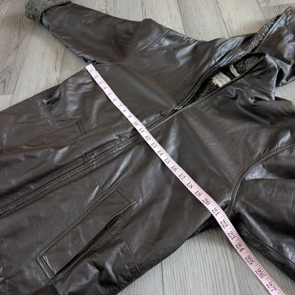 Vintage 90s Brandon‎ Thomas Brown Leather Hooded Zip Up Lined Jacket Coat Size M